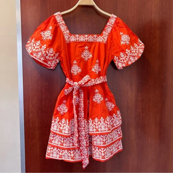 New Boden Square Neck Rara Dress in Firecracker New With Tag Size 6 Embroidered - Picture 1 of 16